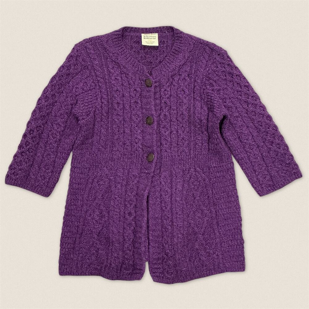 Merino Wool Purple Cardigan Sweater‎ Cable Knit Ireland Irish Kilronan Medium